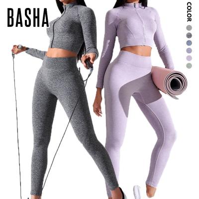 China BASHAsports Antibacterial 2023 Full Zipper Long Sleeve Women Active Wear Yoga Crop Set High Butt Top Seamless Leggings for sale