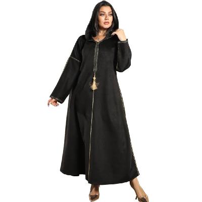 China Fashion Suede Winter Female Muslim Ball Gown Dress Breathable Muslim Middle Eastern Tasseled Hooded Long Dress for sale