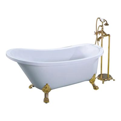 China Elegantly Embedded Shaped Acrylic Royal SPA Tub Freestanding Fully Soaking Bathtub With Solid Brass Polished Clawfoot And Drain for sale