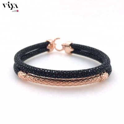 China FASHIONABLE Men Leather Jewelry Double Wrap Stingray Wrap Bracelet Silver Viya Stingray Bangle Bracelet For Men for sale