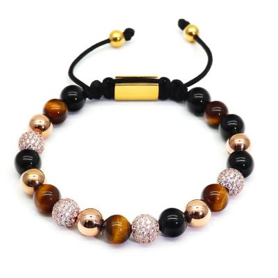 China Fashionable Natural Black Onyx Lazulite Tiger Eye Gemstone Jewelry 8mm Viya Handmade Beads Bracelet With CZ Pave Ball Men Beads Bracelet for sale