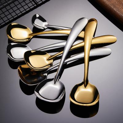 China Wholesale 304 Stainless Steel Flat Bottom Spoon Long Handle Spoon Head Meal Spoon Disposable Square Adult Korean Spoon Spoon for sale