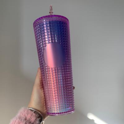 China 2022 New Fashion Plastic Glitter Grid Durian Sustainable Iridescent Mugs Studded Tumbler 25 Ounce Mug With Straw for sale