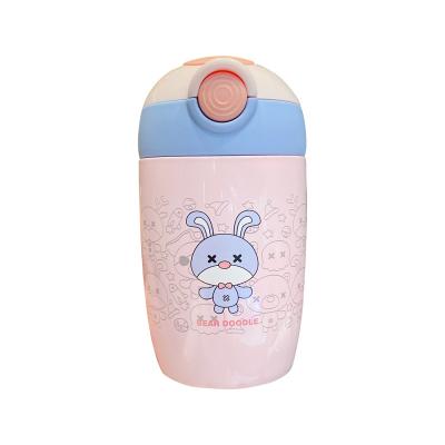 China Portable Stainless Steel Straw Thermos Tumbler Cute Kids Viable Cartoon Strap for sale