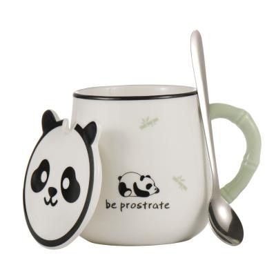 China Viable Modern Cute Customizable Bamboo Handle Pattern Chinese Cartoon Panda Bead Logo Ceramic Mug for sale