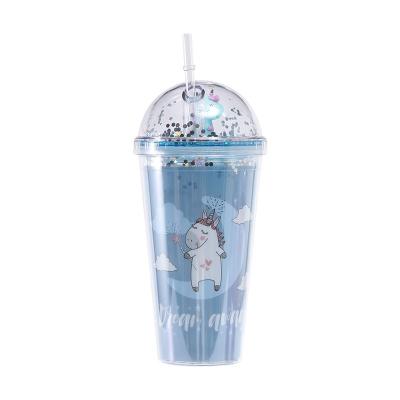 China 500Ml Cute Cartoon Unicorn Crushed Ice Cup Plastic Double Wall Summer Round Lid Viable Cute Straw Tumbler for sale