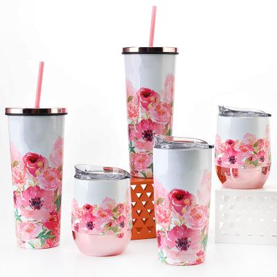 China 2021 New Designer Viable Custom Flower Print Mug Cup Stainless Steel Wine Tumbler With Lid And Straw For Women for sale