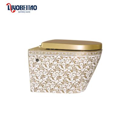 China Hidden Cistern Western Style Gold Rimless Wall Hung Toilet for sale