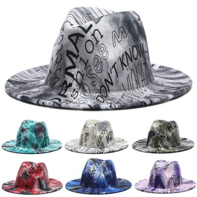 China Dye Fedora Hats Women Wholesale wide graffiti image link Fadora Four Seasons two Tone Felt Fedora Men Hats brim 2021 Sun hats for sale