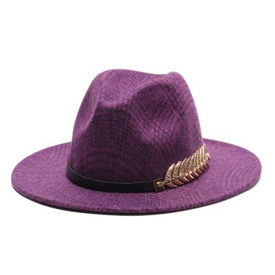 China Fashionable Woolen Fedora Hat Women Wide Brim Image Lattice Top Elegant Gold Accessories 2021 for sale