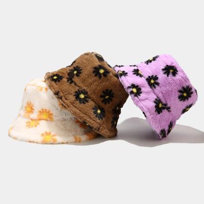 China Popular Promotional Small Plush Chrysanthemum Pattern Bucket Hat Winter Imitation Wool Bucket Hat for sale