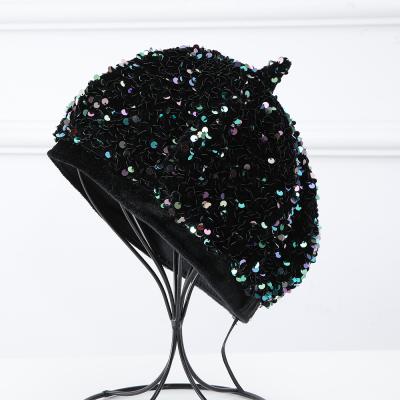 China 2021 Autumn Winter New Products Fashion Plush Sequin Luxury Decoration Custom Winter Beret Type Hats for sale