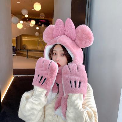 China 2021 Design COMMON Big Bow Winter Women One Piece Hats Wholesale High Quality Scarf Gloves for sale