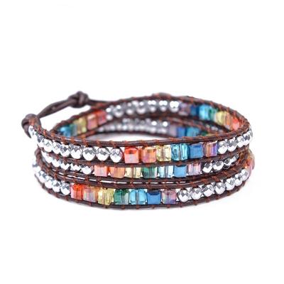 China Vintage Handmade Accessories Leather Wrap Bracelet Multi Color Healing Crystal Beads Hematite Jewelry For Available Women for sale