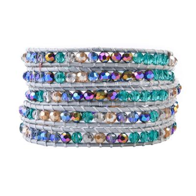 China Vintage Multilayers Boho 5X Leather Wrap Color Crystal Bracelets Beaded Braided Handmade Jewelry for sale