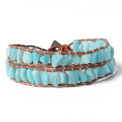 China BOHEMIA Amazon Top Selling Women Leather Bracelets Amazonite Random 2 Strands Wrap Handmade Friendship Jewelry for sale