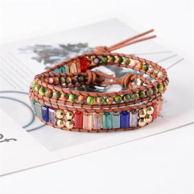 China Crystal Healing Natural Stone Bead Leather Wrap Bracelet Drop Shipping New Chakra BOHEMIA Fashion Handmade Jewelry for sale