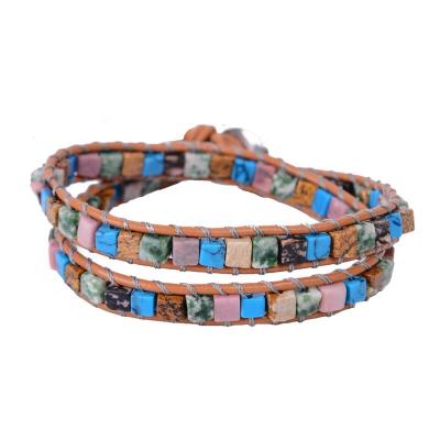 China BOHEMIA 2 Strands Women Leather Friendship Accessories Agate Gemstone Jewelry High End Wrap Bracelet for sale