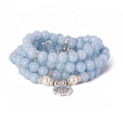 China Natural Stones Agate Jewelry Women Lotus Strand Yoga Bracelet For BOHEMIA Sky Blue Buddha Mala Beads 108 for sale