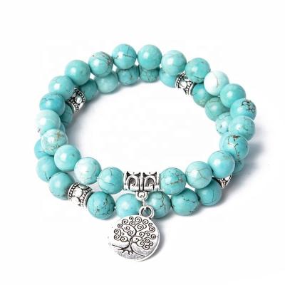 China 2Pcs/lot BOHEMIA Fashion Natural Stones Turquoise Wrap Women Jewelry Sets With Tree Of Life Energy Bracelet for sale