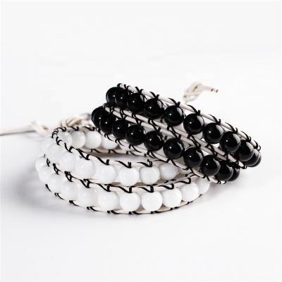 China Vintage 2 Piece Black White Agate Jewelry Sets Leather Natural Stone Beads Charm Women Men Bracelet for sale