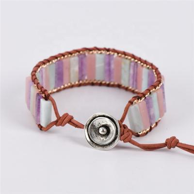 China Boho Fashion Amethyst Boho Jewelry Women Amazonite Pink BOHEMIAN Opal Natural Stones Leather Wrap Bracelet for sale