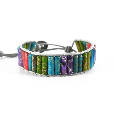 China Hot Sale Bohemia Handmade Jewelry Natural Stone Tube Beads Multi Color Leather Wrap Bracelet for sale