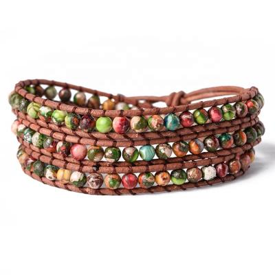 China Vintage Amazon Top Sale Women Adjustable Leather Wrap Fashion Natural Stone Beads Bracelet Handmade Jewelry for sale