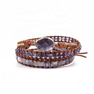 China BOHEMIA Charm Fashion Accessories Natural Stone Amethyst Beads Leather Bracelets Jewelry Handmade Drop Shipping for sale