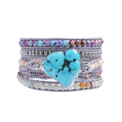 China Unique BOHEMIA Turquoise Leather Bracelet Charm 5 Mixed Strands Wrap Jewelry Women Natural Stones Bracelet Woven Bracelet for sale