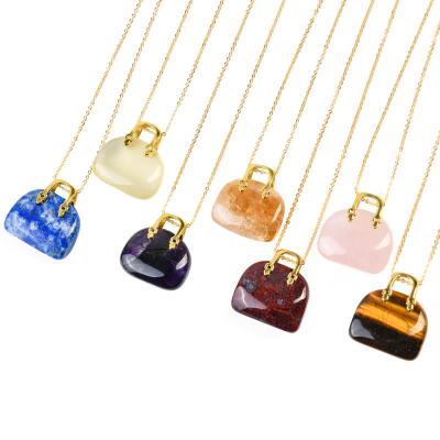 China Fashionable handbag shape women pendant necklace carving natural stone women bag gold chains necklace jewelry friendship gift for sale