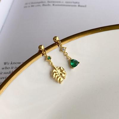 China Cute Tasty Green Zirconia Dangle Earrings Gold Palm Leaf Stud Earring Sterling Silver Earrings for sale