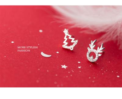 China New Factory CLASSIC Animal Asymmetry Stud Earring For Women's Ear Pin Fine Jewelry 925 Sterling Silver Christmas Tree Elk Pattern for sale