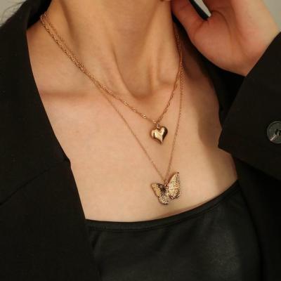 China New Arrival Double Layer Gold Plating Heart Choker Romantic Butterfly Choker Long Necklace Pendant Necklace for sale