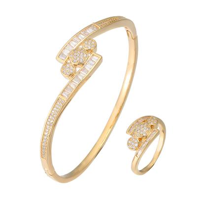 China Hot Selling Vintage Women Jewelry Sets 18k Bracelet Ring Zirconia Bracelet and Crystal Gold Plated Rings Set for sale