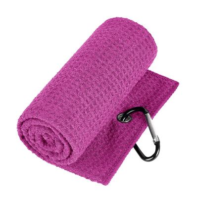 China Compressed Premium Aluminum Hook Added Triple Quick Dry Microfiber Golf Towel In Waffle Texture for sale