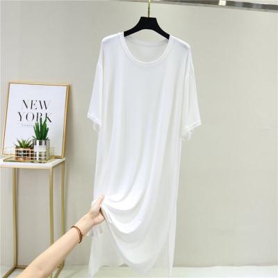 China Fashion Breathable Style O-Neck Half Sleeve Solid Color Loose Modal Mid Length Split Dress For Women for sale