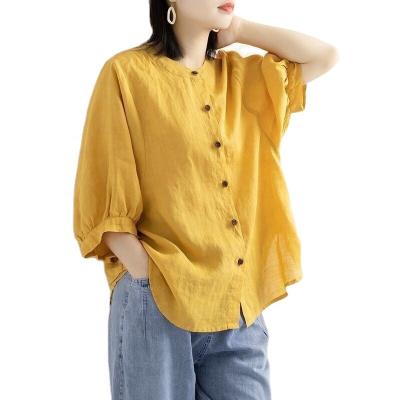 China Plus Size Fashion Ladies Cotton Canvas Shirts Hot Sale High Quality Women's Short Sleeve Shirts for sale