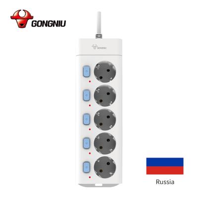 China New Easy Installation Russia EU Standard 5 Way 5 Switch Universal 5m Mains Cord Extension Power Socket Surge Protector for sale