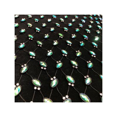 China Green Acrylic Rhinestone Mesh For Garment Accessories High Quality Black Elastic Stretch Fabric Flatback Factory Supply FF045 for sale