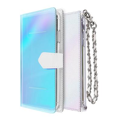 China Top Selling Anti-drop Holographic Laser PVC Iridescent Translucent Wallet Phone Case For Oppo Reno 6 Z A16 pro A53 A95 A54 With Chain Wrist for sale