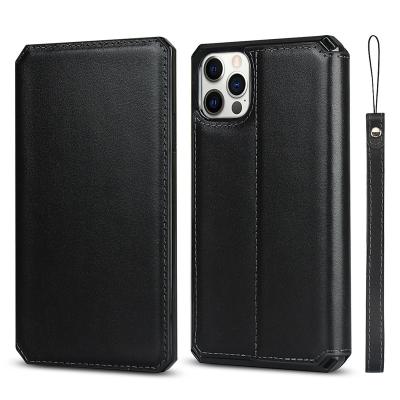 China hot sale Anti-fall Shockproof RFID Blocking Genuine Leather Phone Wallet Case for iphone 13 12 11 pro mini XR max XS X max with hand strap for sale