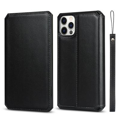 China Magnetic Anti-fall RFID Flip Cover Genuine Leather Mobile Phone Wallet Case For Iphone 13 6 7 8 X XS XR 11 pro 12 max Mini With Hand Strap for sale