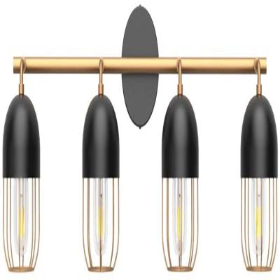 China Instant On Black 4-Lights Vanity Light Matte Paired With Bright Gold Open Cage Edison Vintage Wall Light For Bathroom for sale