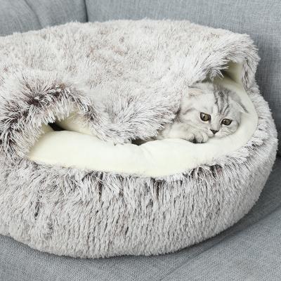 China Small Removable Washable Round Fluffy Hooded Indoor Cats Machine Blanket Dogs Winter Cave Pet Bed Mat for sale