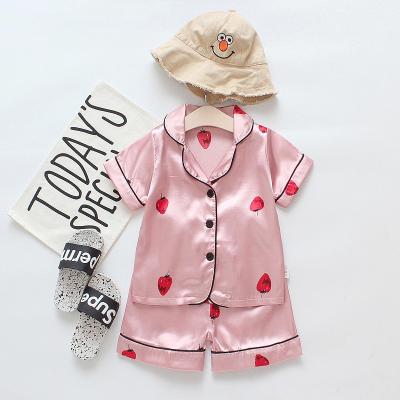 China Strawberry Print Breathable Pink Satin Short Sleeves 2 Piece Set Sleepwear Girls Summer Pajamas for sale