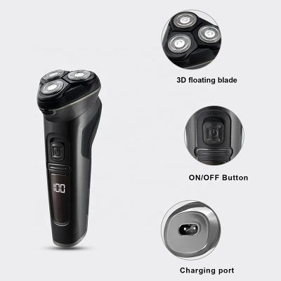 China New Design IPX6 Waterproof Triple Blade 2022 Blade 3D Rechargeable Floating Rotary Beard Shaver Triple LCD Display With Auto Trimmer for sale