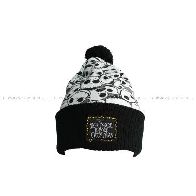 China JOINT Factory High Quality Acrylic Winter Warm Hats With Tank Top Printing Fabric Outside Pompom Beanie Hat for sale