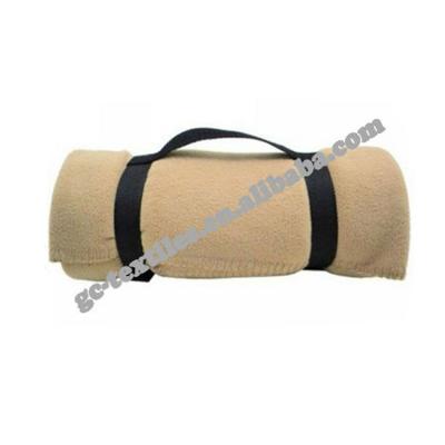 China PORTABLE Solid Single Dyed Camel Rolled Edge Fleece Whip-stitched With Black Nylon Carry Strap Fleece Throw Blanket for sale