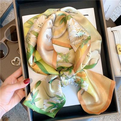 China Hangzhou Spring Pear Scarf Long Stripe Scarf Flame Double-Sided Double-Sided Silk Scarf Double-Sided Fresh Green Silk Scarf for sale